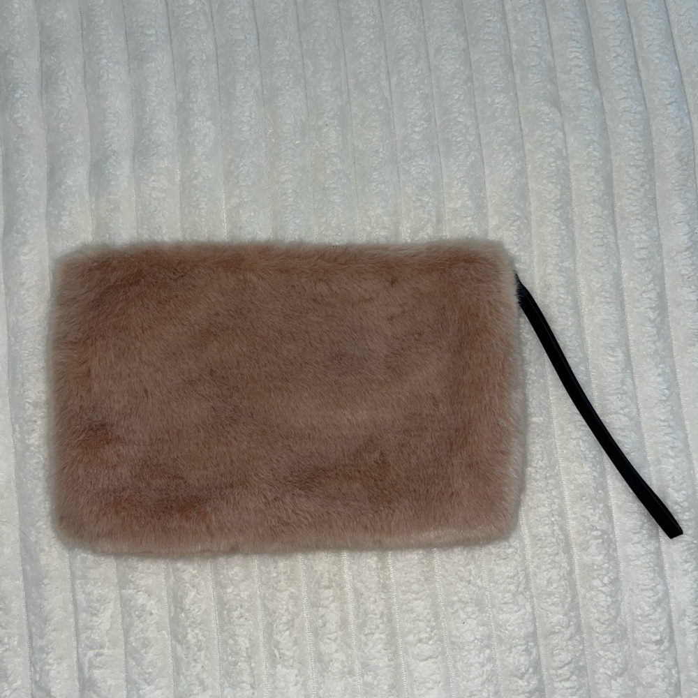 Zara Plush Pink Faux Fur Clutch with Black Leather Wristlet and Gold Zipper 13x9